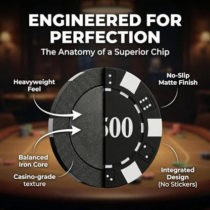 HEITOK 300pc Poker Chip Set 11.5g Iron Core Denominations Texas Holdem | 2-8 players, numbered values 1/5/25/100/500, aluminum case, cards, dice, dealer/small/big blind buttons, Blackjack - size: 300 numbered chips set