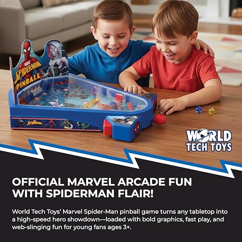 World Tech Toys Marvel Spider-Man Tabletop Pinball Game – Kids Mini Arcade Toy with Launcher & Metal Ball - Marvel Licensed - Spiderman Gift for Ages 3+