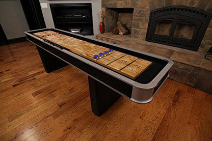 Atomic 9’ LED Shuffleboard Tables with Poly-Coated Playing Surface for Smooth, Fast Puck Action and Pedestal Legs with Levelers for Optimum Stability and Level Play