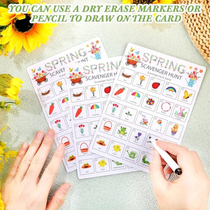 Hoolerry 30 Pcs Scavenger Hunt for Kids Road Trip Game Car Spring Summer Wedding Scavenger Hunt Cards Travel Activities Camping Games Outdoor Indoor Seek Activity for Kids Adults (Spring) - style: Spring