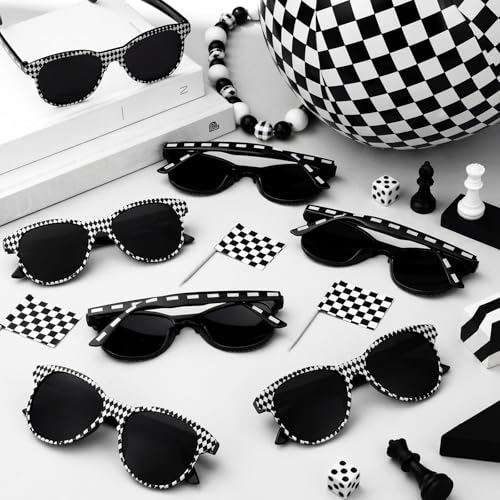 48 Pcs Checkered Beach Ball with Glasses Race Themed Party Favors Black and White Inflatable Beach Ball 10 Inch Race Car Birthday Decoration and Summer Pool Gifts Supplies - style: Checkered Flag
