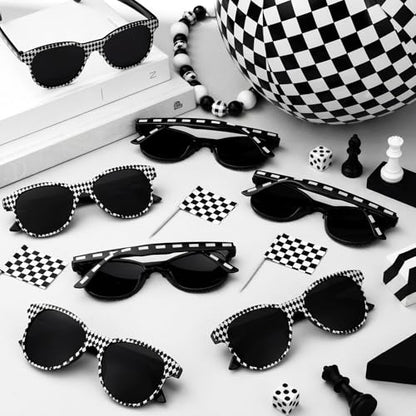48 Pcs Checkered Beach Ball with Glasses Race Themed Party Favors Black and White Inflatable Beach Ball 10 Inch Race Car Birthday Decoration and Summer Pool Gifts Supplies - style: Checkered Flag