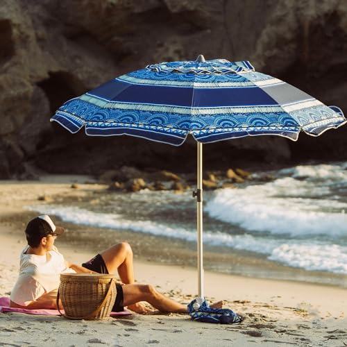 AMMSUN 7ft Heavy Duty High Wind Beach Umbrella with Sand Anchor & Tilt Sun Shelter, UPF50+ Protection Outdoor Sunshade Umbrellas and Parasols Carry Bag for Patio Garden Beach Pool Backyard - color: Spray Pavilion Blue