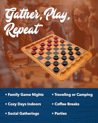 WE Games Solid Wood Checkers Board Game – 14.5-Inch Vintage Checkers Set with Inset Grooves & 24 Red & Black Board Game Pieces – Fun Family Table Game