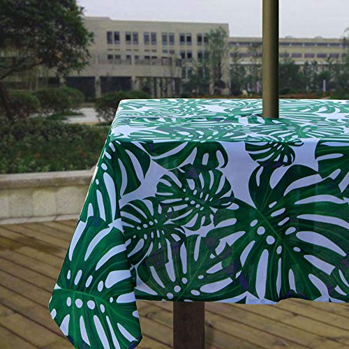 Melaluxe Spring/Summer Wrinkle-Free Waterproof Outdoor Tablecloth with Umbrella Hole and Zipper,60-Inch-by-102 Rectangle - color: Green Leaves, size: 60" x 102" (Rectangular)
