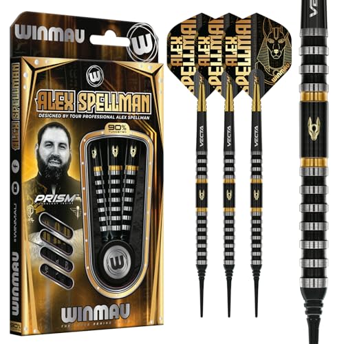 Winmau Professional Player - Alex Spellman Series - 90% Tungsten Darts Set with Dart Flights and Dart Shafts (Stems) - Available in Soft Tip 18g Barrel/20g Full Weight and Darts Metal Tip 22g & 24g - size: 18G - Soft Tip