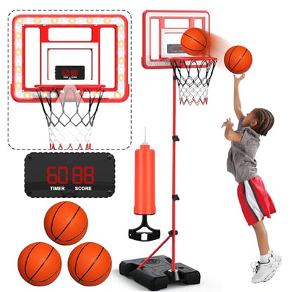 Kids Indoor Basketball Hoop with Scoreboard & Timer,Toddler Adjustable Height Basketball Goal Toy for Outdoor Backyard,Sports Game Play - style: Red Stand