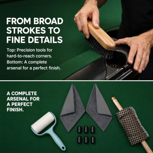 6 Piece Pool Table Cleaning Kit Professional Billiard Felt Cleaner Rail Brush Set with Wooden Brushes Cue Cloths Ferrule Polish Cloths and Sticky Lint Roller for Table Care