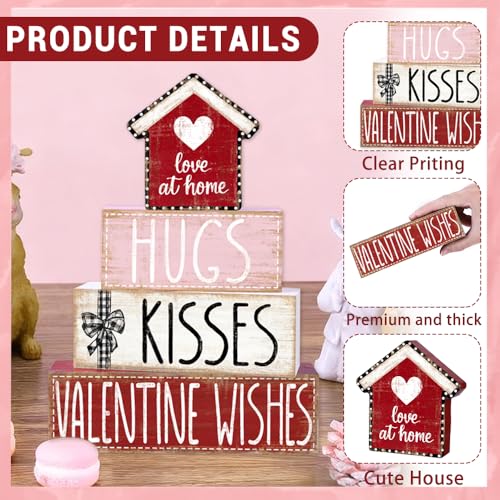 DIYDEC 4Pcs Valentine's Day Table Decoration Valentine House Wooden Block Signs Rustic Valentine Tiered Tray Decor Valentines Day Centerpiece Sign for Farmhouse Holiday Tabletop Home Party Decor - style: Valentine House