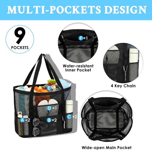 GYEUKHAM Mesh Beach Bag for Women, Sand-Resistant Pool Tote, 9 Pockets (1 Inner Zip), Foldable Family Travel Essentials - color: L-black