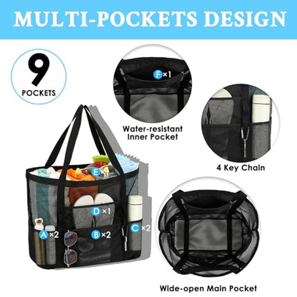 GYEUKHAM Mesh Beach Bag for Women, Sand-Resistant Pool Tote, 9 Pockets (1 Inner Zip), Foldable Family Travel Essentials - color: L-black