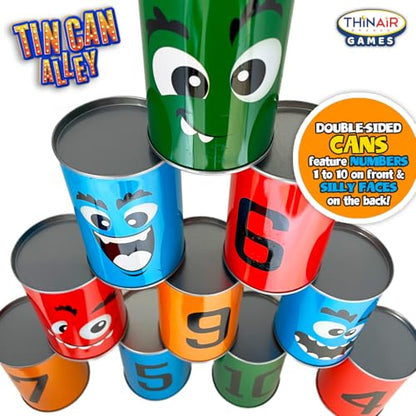 Thin Air Brands Ban Bag Toss Game for Kids - Carnival Can Beanbag Toss Game for Birthday Parties, Holidays, or Family Fun - 10 Fun Cans and 3 Beanbags - Indoor Outdoor Bowling Fun
