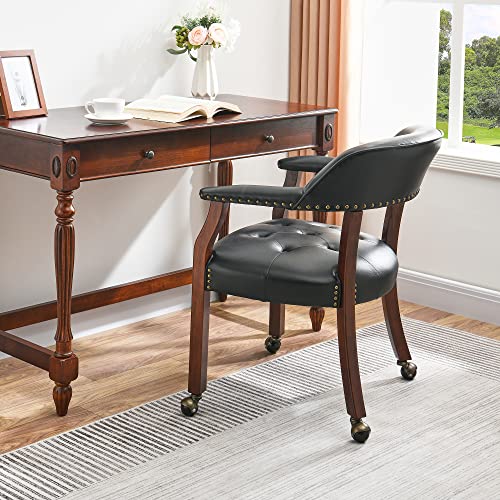 Set of 4 Dining Chair with Casters, Accent Captains Leather Chairs with Wheels & Arms,Wheeled Roller Wood Chairs for Kitchen & Game Poker Table,rCherry&Black 1533BK(NO Table!) - color: Cherry&black