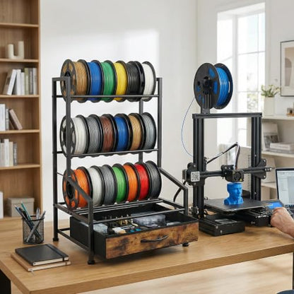 3D Printer Filament Storage Rack with Fabric Drawer | Dust-Proof Build, Fits PLA ABS TPU Nylon, Sturdy Spool Holder, Ideal for Organized 3D Printing Workshop & Home Studio