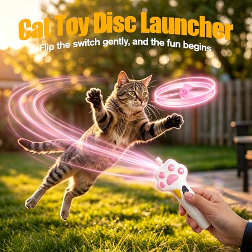 Cat Fetch Toy Launcher with 8 Flying Discs, Rechargeable Interactive Cat Toy for Indoor Cats, Flying Disc Launcher for Hunting Training Exercise, Cat Chase Toy for Active Play and Enrichment (White)