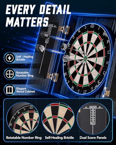 Sisal Dart Board Cabinet Sets, Decorative Dart Boards for Adults [6*Steel Darts] - Wooden Dartboard Cabinet with Integrated Scoreboard for Family Game Rooms - [Wolf Head]