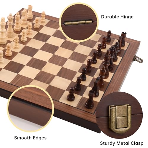 Rinten Wooden Chess Set with Folding Board - 15" Classic Magnetic Chess Set with Protective Bag for Adults, Chess Lovers Tournament Professional Beginner - color: Wood-brown+black Bag, size: 15 IN