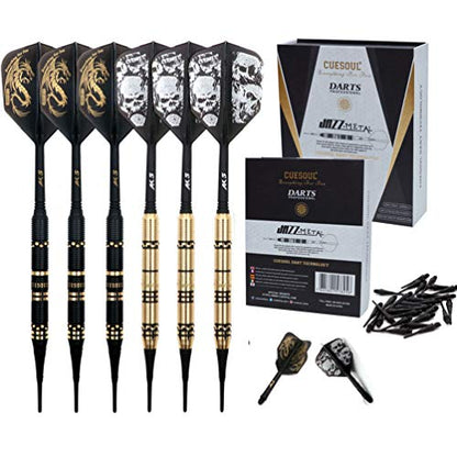 CUESOUL Jazz - Soft Tip Darts Set 19 Grams with 6pcs AK5 Plastic Integrated Flights & 36pcs Plastic Tips for Electronic Dart Board - color: Black Dragon + Black Skull