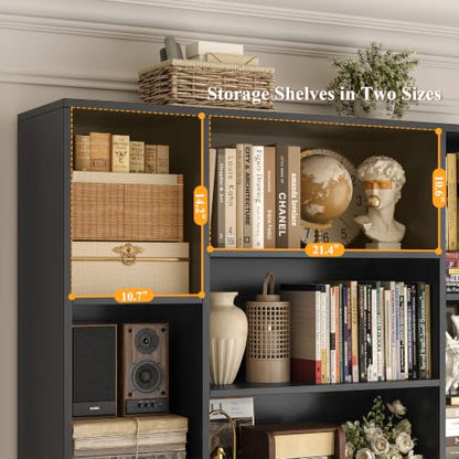 HOSTACK 72” Tall Book Shelf and Bookcase, White Bookshelf with Storage Cabinet, 45” Wide Bookcase with 4 doors, Standing Display Shelves, Modern Farmhouse Book Case for Living Room, Home Office, Black - color: Black