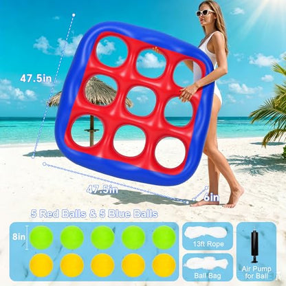 Pool Games Set- Tic-Tac-Toe Inflatable Pool Toys with 10 Balls Fun Summer Swimming Pool Party Beach Lawn Outdoor Camping Party Float Game Water Ball Toys for Adults Teens Kids 2-10 Players - color: Blue and Red