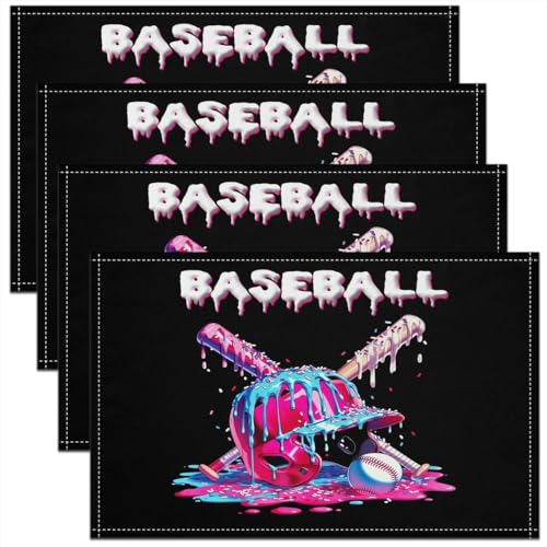 Ice Cream Drip Baseball Kids Placemats Set of 4,Baseball Cap Hat Bat Dessert Table Place Mats,Ball Sport Games Competition Kitchen Decor,Black Pink Placemat Kitchen Table Decoration 12"x18" - color: Black Pink