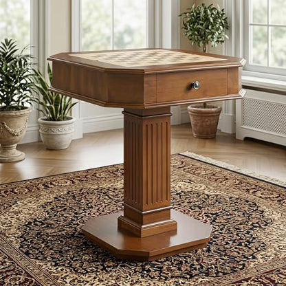 Walnut Finish Chess Game Table with Fluted Square Pedestal | Hidden Storage Drawer, Reversible Tabletop, Chess & Backgammon Game Board, Sturdy Elegant Base, Side Table - size: 28''-Chess Table Walnut + Fluted Square Pedestal
