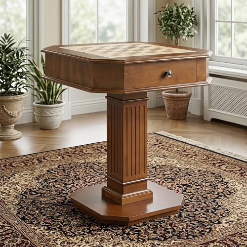 Walnut Finish Chess Game Table with Fluted Square Pedestal | Hidden Storage Drawer, Reversible Tabletop, Chess & Backgammon Game Board, Sturdy Elegant Base, Side Table - size: 28''-Chess Table Walnut + Fluted Square Pedestal