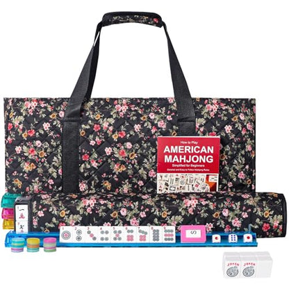 American Mahjong Game Set, 166 Premium White Tiles, 4 All-in-One Color Rack/Pushers, Complete Mahongg Tile Set，Flower Printed Carrying Bag (Rectangular, Black) - color: Black