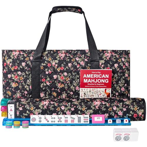 American Mahjong Game Set, 166 Premium White Tiles, 4 All-in-One Color Rack/Pushers, Complete Mahongg Tile Set，Flower Printed Carrying Bag (Rectangular, Black) - color: Black