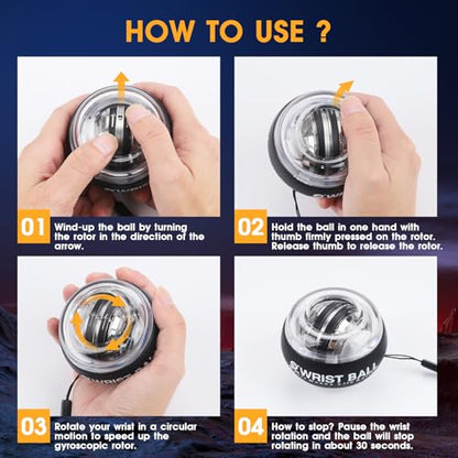 JIN BD Auto-Start Wrist Ball, Gyroscopic Desk Toy & Wrist Trainer（Black LED Light Model）