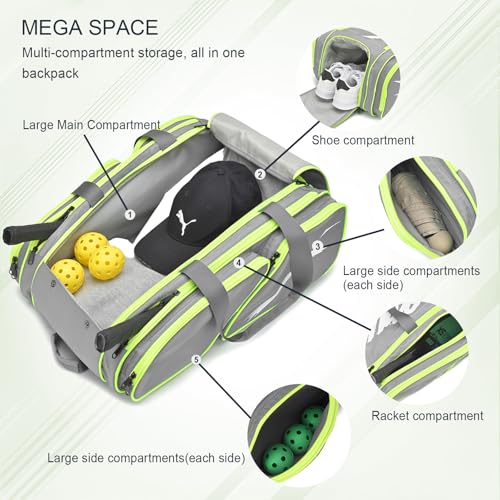 TILDOSAC Pickleball Bag - Large Paddle Bag for 4 Paddles & Accessories - Fence Hook, Extra Pockets, Shoe Compartment - color: Grey