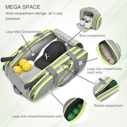 TILDOSAC Pickleball Bag - Large Paddle Bag for 4 Paddles & Accessories - Fence Hook, Extra Pockets, Shoe Compartment - color: Grey