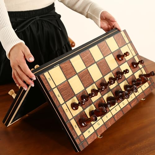 Large 17-Inch Magnetic Wooden Chess Set - Perfect for Adults and Beginners Handcrafted Unique Folding Design Board Games