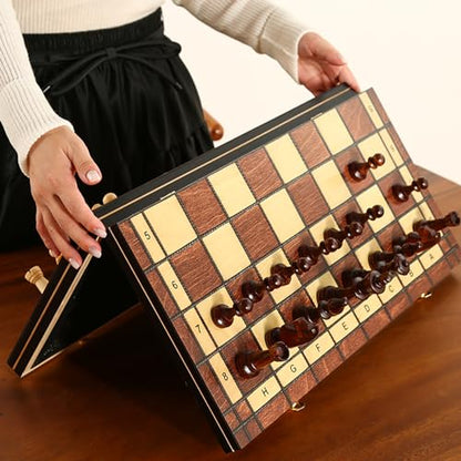 Large 17-Inch Magnetic Wooden Chess Set - Perfect for Adults and Beginners Handcrafted Unique Folding Design Board Games