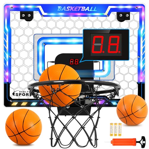 Mini Basketball Hoop Indoor with Scorer and Batteries|Inside Basketball Hoop Over The Door with Colorful LED Lighting|Toy Basketball Gifts for Boys Girls Teens Adults, Blue - style: Basketball Hoop Set-Colorful Set