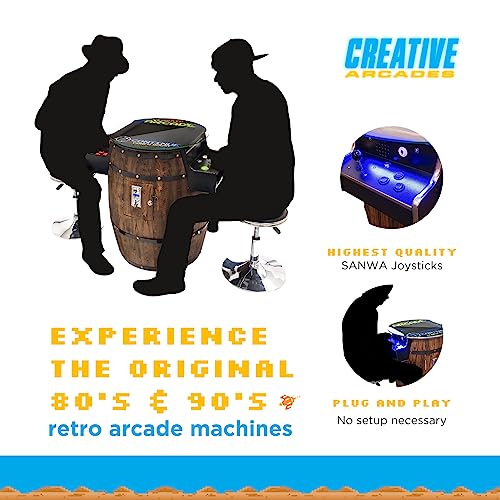 Creative Arcades Full-Size Commercial Grade Wine Barrel Style Pub Arcade Machine | Standard/Medium/Large | Classic Games | 2 Sanwa Joysticks | 2 Stools (Large, 60 Game, 19" Screen, Woodgrain) - color: Woodgrain, size: Large, 60 Game, 19" Screen