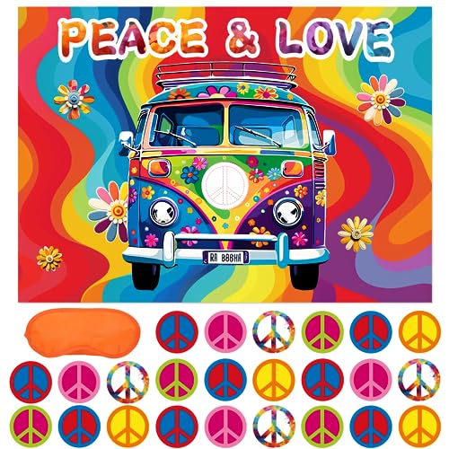 JOARHONAL Pin the Peace Sign on the Hippie Van - Hippie Groovy Party Games 20" x 28" Hippie Game Poster with 24 Reusable Stickers Groovy Birthday Party Favor Set - style: Groovy