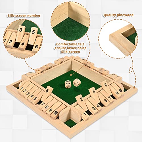 1-4 Players Shut The Box Dice Game, 10 Numbers Traditional Wooden Pub Bar Board Family Table Mat Game Dice for Adults - color: Wood, size: 8.7in