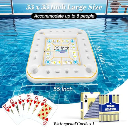 Elcoho 55 x 55 Inch Extra Large Inflatable Game Table with Waterproof Playing Cards Floating Pool Table Drink Holder Inflatable Ice Serving Tray Buffet Bar for Pool Summer Party, White - color: White