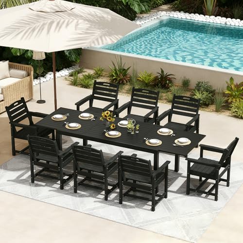 PIZZELLO 9 Pieces Outdoor Dining Set, 106" Extendable Aluminum Patio Dining Table w/ 8Pcs HDPE Patio Chairs, All Weather Outdoor Table and Chairs Sets for Backyard, Garden and Deck - size: 106"Table + 8 HDPE Chairs