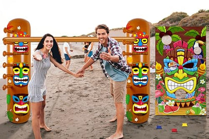 2 Sets Hawaiian Luau Party Decorations – Summer Tiki Theme Inflatable Limbo with Toss Game Set for Adults, Pool Party, Tropical Beach Birthday Accessories