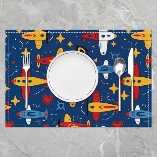 Erosebridal Cartoon Placemats 12X18 Inch Set of 4 for Dining Table,Cute Aircraft Aviation Theme Place Mats for Kids Boys Children,Flying Plane Flight Geometric Star Love Heart Waterproof Placemats - color: Dark Blue Yellow Red