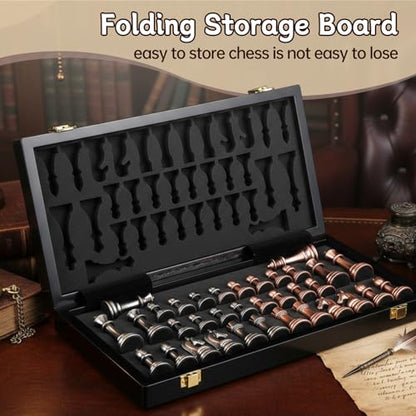 Ajedrez Luxury 15" Wooden Chess Set - Folding Board with Piano Finish | Weighted Metal Chess Pieces | Portable Travel Game for Adults & Kids | Premium Gift (Luxury Edition)
