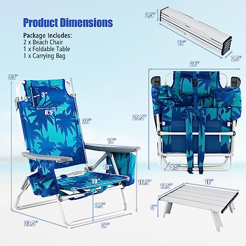 Tangkula Backpack Beach Chair with Table, 5-Position Lay Flat Beach Chairs with Cooler Bag, 2 Cup Holders, Towel Bar, Lightweight Low Folding Beach Chair with Backpack Straps - color: Light Blue, style: 2 Pack with Table
