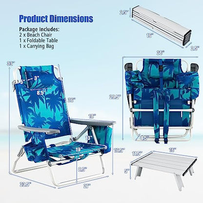 Tangkula Backpack Beach Chair with Table, 5-Position Lay Flat Beach Chairs with Cooler Bag, 2 Cup Holders, Towel Bar, Lightweight Low Folding Beach Chair with Backpack Straps - color: Light Blue, style: 2 Pack with Table