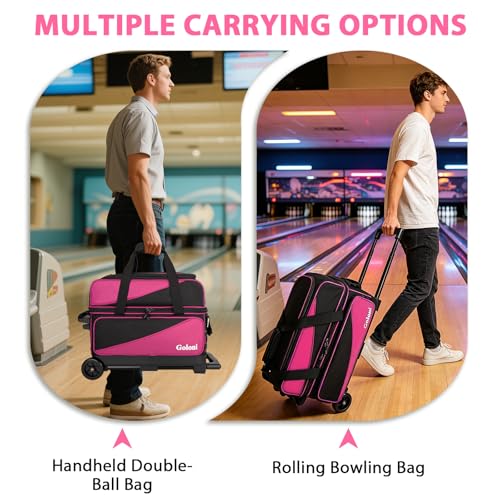 Goloni 3 Ball Bowling Bag with Wheels, 2+1 Double Roller Bowling Bag with Shoe Compartment,Tote Bag for Bowling Accessories - color: 2 Ball-Pink