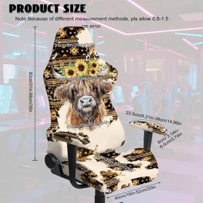 Highland Cattle Print Gaming Chair Covers Slipcovers Aztec Sunflower Print Game Chair Cover with Armrest Covers Skin Friendly Breathable - color: Brown - Highland Cattle Aztec Sunflower