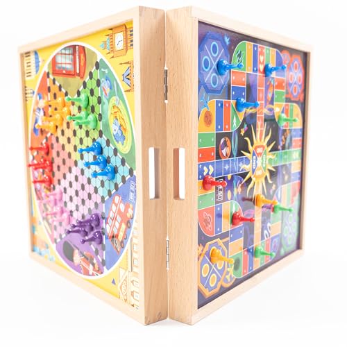 5-in-1 Magnetic Wooden Board Game Set, Premium Beech Wood Frame Family Game Center for Kids & Adults