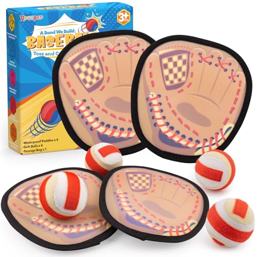 Toss and Catch Ball Game with Soft Balls & Sticky Baseball Gloves - Toys for Indoor, Outdoor, Yard, Beach, Pool, Camping - Birthday Gift for Boys, Girls, Toddler, Kids Ages 3-12 - Brown - color: Brown, size: 4 paddles 4 balls