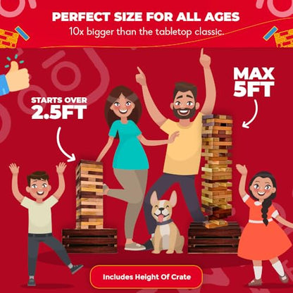 SWOOC Games - Reclaimed Giant Tower Game (Weather Resistant) 60 Blocks + Storage Crate/Outdoor Game Table | Stacks up to 5ft | Giant Outdoor Tower for Adults | Large Yard Activity | Jumbo Lawn Fun